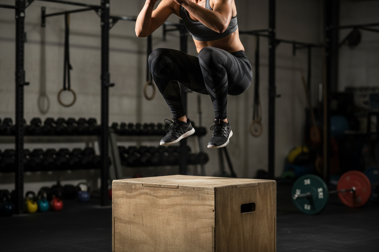 persona saltando a Banco Pliométrico de Madera en Crossfit